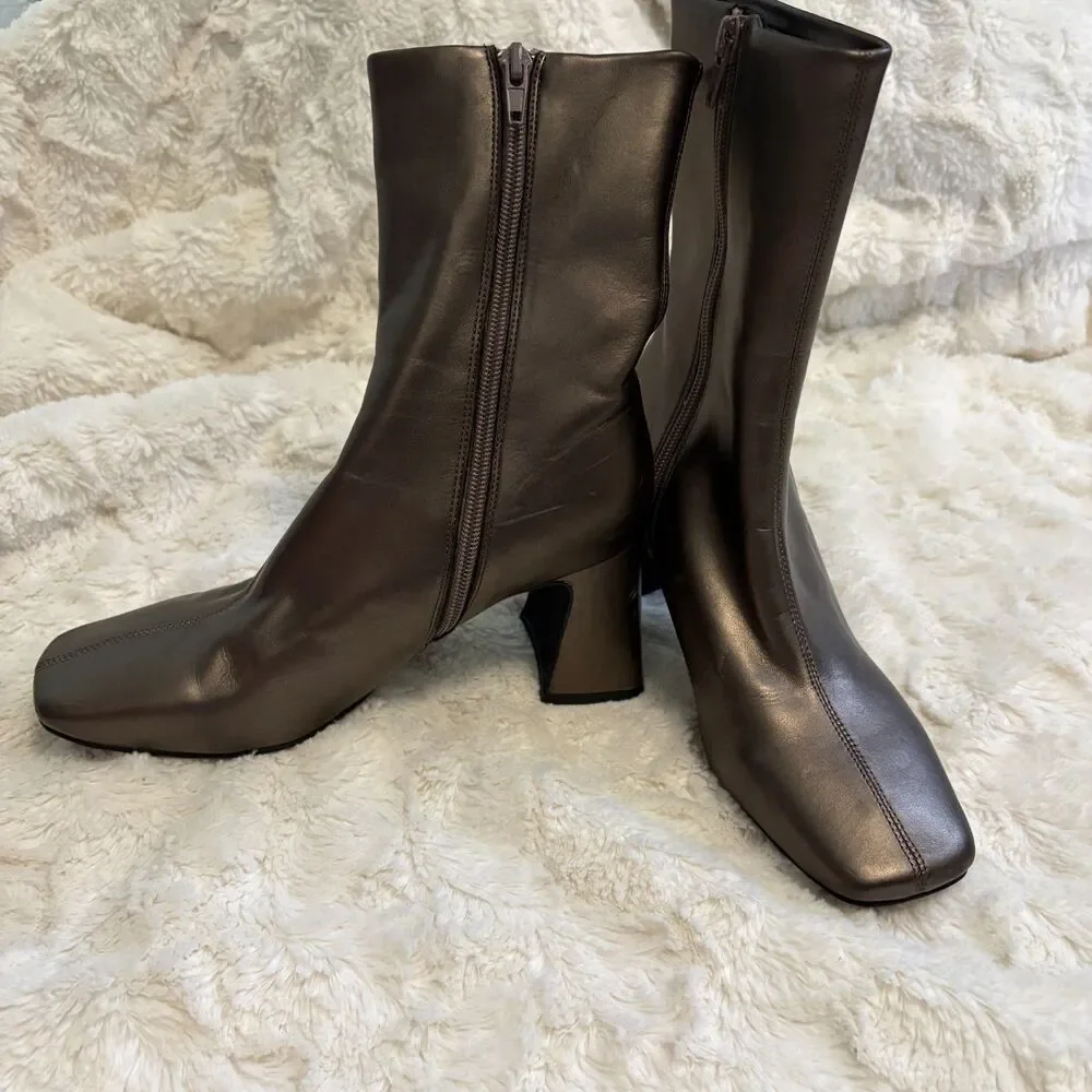 Jeffrey Campbell Bronze Metallic Square Toe Block Heel Ankle Boots Size 5.5